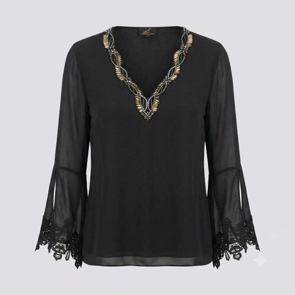 Kobi Halperin Boho Black 100% Silk Beaded V-Neck Lace Bell Sleeve Blouse Top S